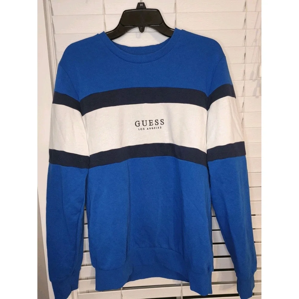 Vintage Guess Mens Blue Striped Preppy Cotton Sweater Size Medium Y2K '90s Retro